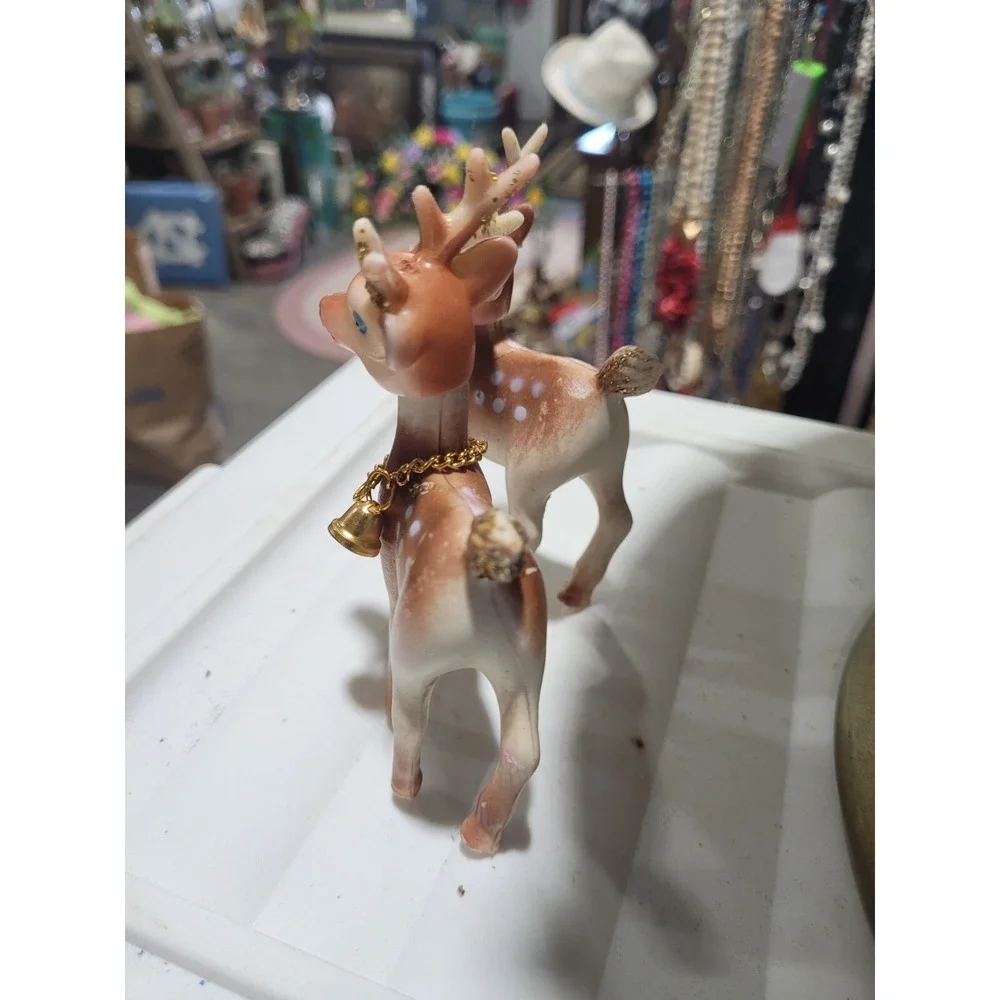 2 Small Plastic Fawn Deer Hong Kong Gold Bell Vintage